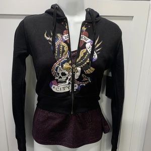 New Women’s Junior Black Ed Hardy Hoodie Zipper Sweatshirt New York Size Small